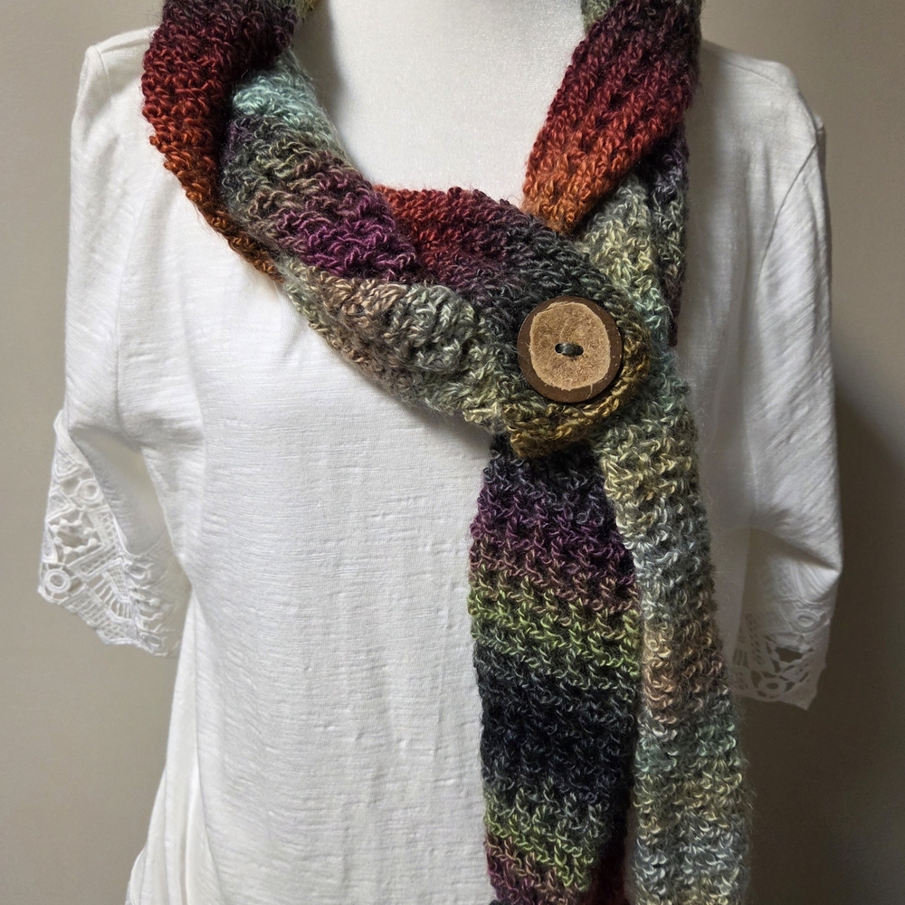 NEW, Handmade Multicolor Crochet Scarf with Button Accent